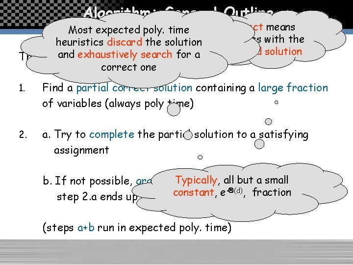 Algorithm: General Outline Most expected poly. time heuristics discard the solution and exhaustively for