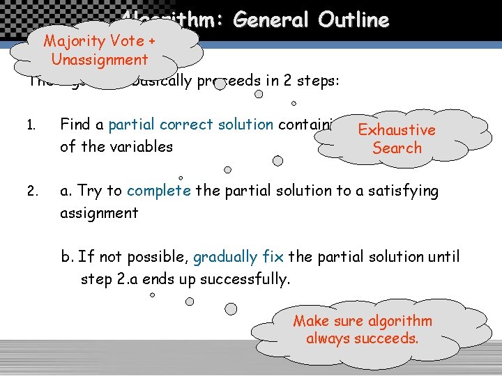 Algorithm: General Outline Majority Vote + Unassignment The algorithm basically proceeds in 2 steps: