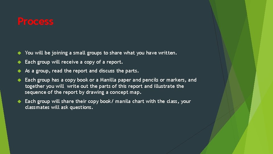 Process You will be joining a small groups to share what you have written.