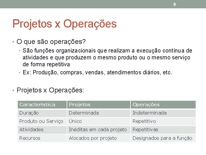 8 Projetos x Operações • O que são operações? • São funções organizacionais que