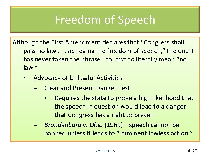 Freedom of Speech Although the First Amendment declares that “Congress shall pass no law.