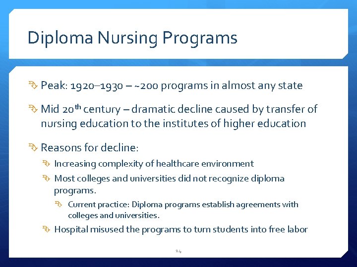 Diploma Nursing Programs Peak: 1920– 1930 – ~200 programs in almost any state Mid