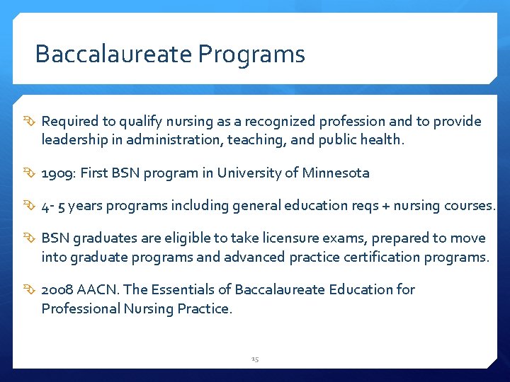 Baccalaureate Programs Required to qualify nursing as a recognized profession and to provide leadership