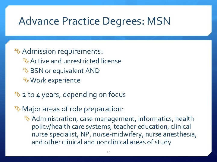 Advance Practice Degrees: MSN Admission requirements: Active and unrestricted license BSN or equivalent AND