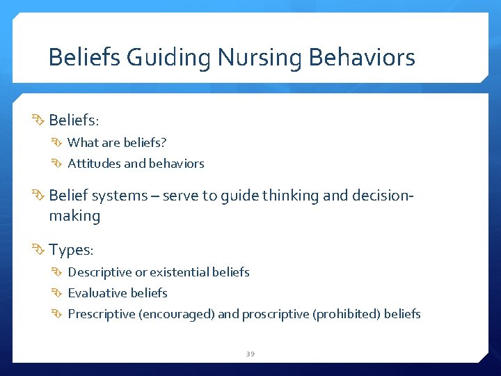 Beliefs Guiding Nursing Behaviors Beliefs: What are beliefs? Attitudes and behaviors Belief systems –