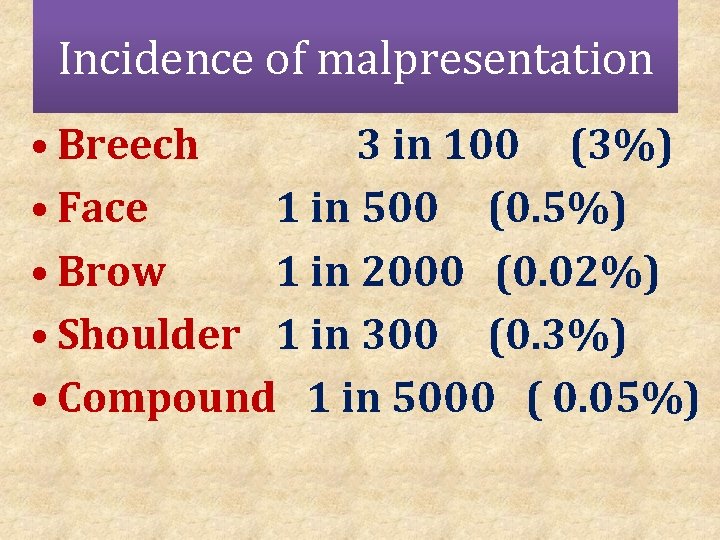 Incidence of malpresentation Defintion • Breech 3 in 100 (3%) • Face 1 in
