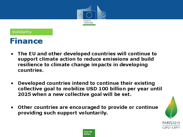 Solidarity Finance • The EU and other developed countries will continue to support climate