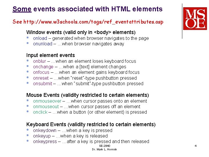 Some events associated with HTML elements See http: //www. w 3 schools. com/tags/ref_eventattributes. asp