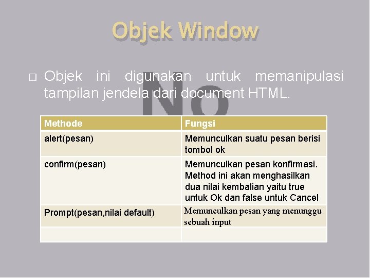 Objek Window � Objek ini digunakan untuk memanipulasi tampilan jendela dari document HTML. Methode