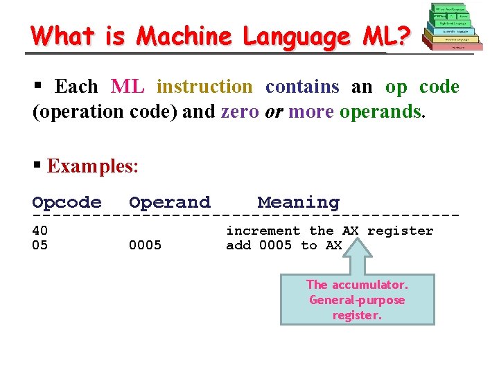 What is Machine Language ML? § Each ML instruction contains an op code (operation