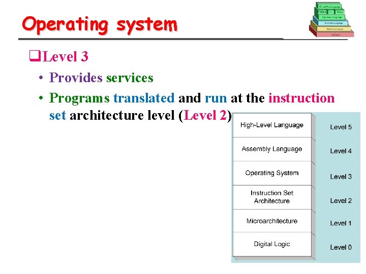 Operating system q. Level 3 • Provides services • Programs translated and run at