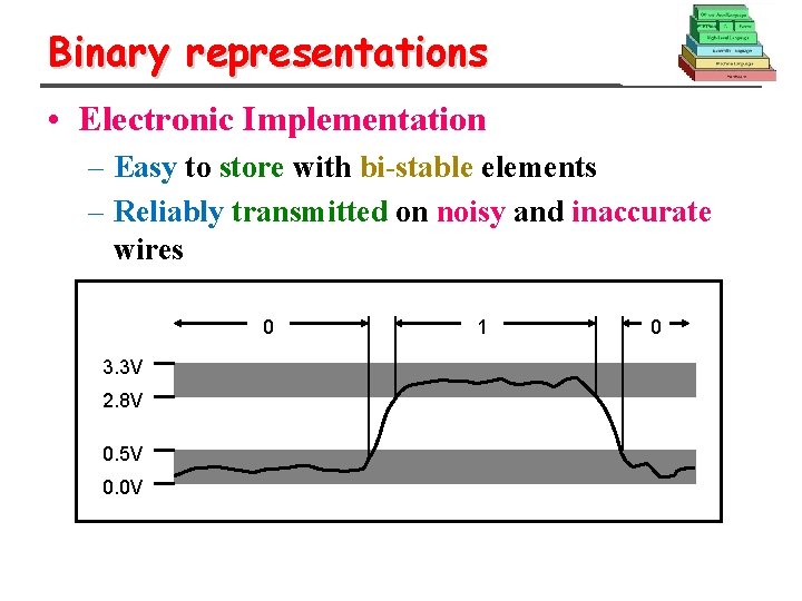 Binary representations • Electronic Implementation – Easy to store with bi-stable elements – Reliably