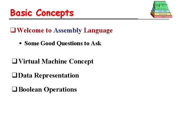 Basic Concepts q Welcome to Assembly Language § Some Good Questions to Ask q Basic Concepts q Welcome to Assembly Language § Some Good Questions to Ask q