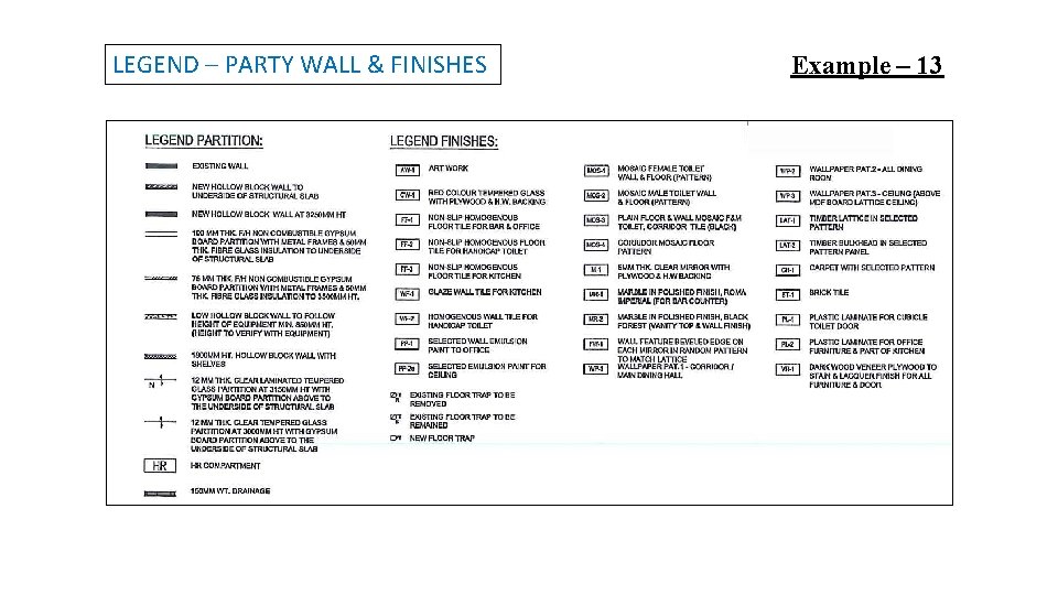 LEGEND – PARTY WALL & FINISHES Example – 13 