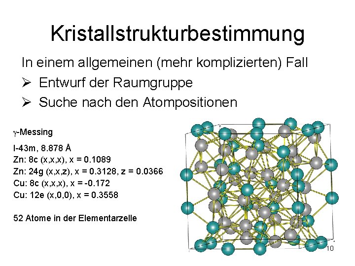 Kristallstrukturbestimmung In einem allgemeinen (mehr komplizierten) Fall Ø Entwurf der Raumgruppe Ø Suche nach