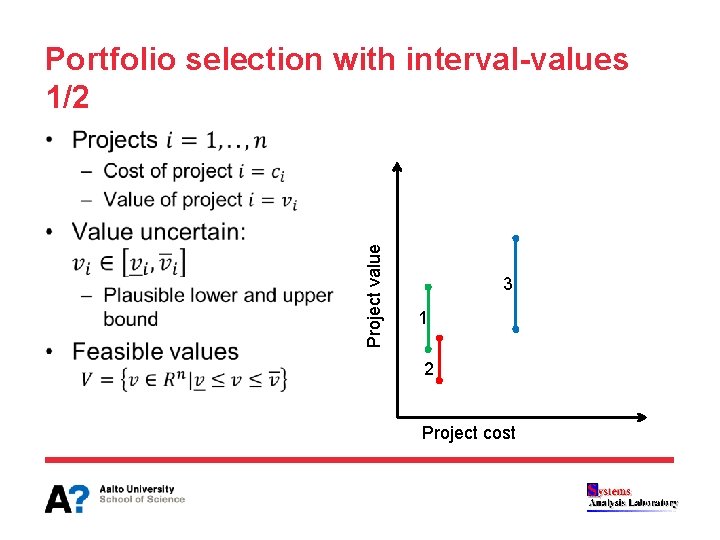 Portfolio selection with interval-values 1/2 Project value • 3 1 2 Project cost 