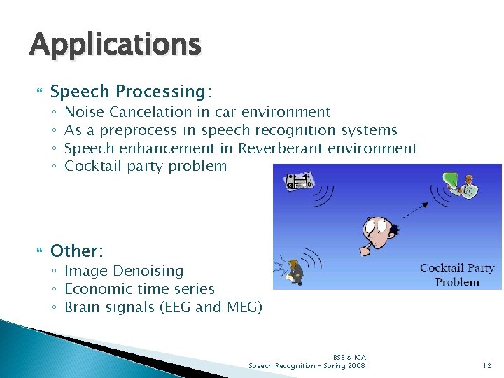 Applications Speech Processing: ◦ ◦ Noise Cancelation in car environment As a preprocess in