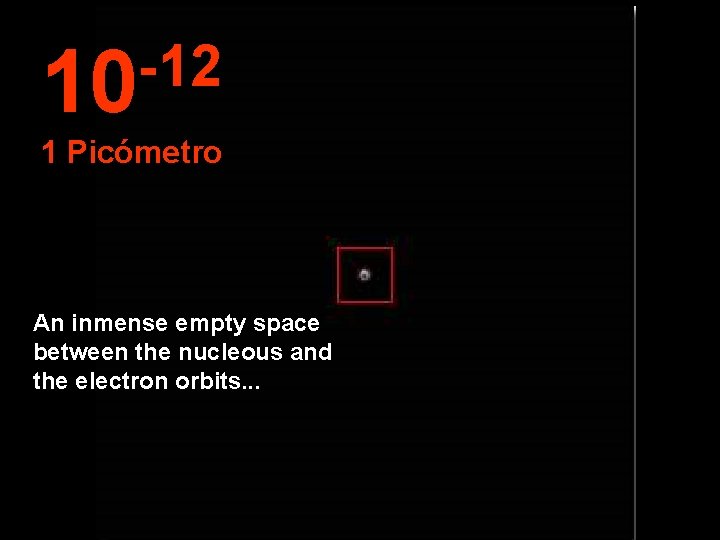 -12 10 1 Picómetro An inmense empty space between the nucleous and the electron