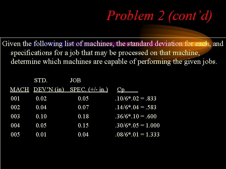 Problem 2 (cont’d) Given the following list of machines, the standard deviation for each,