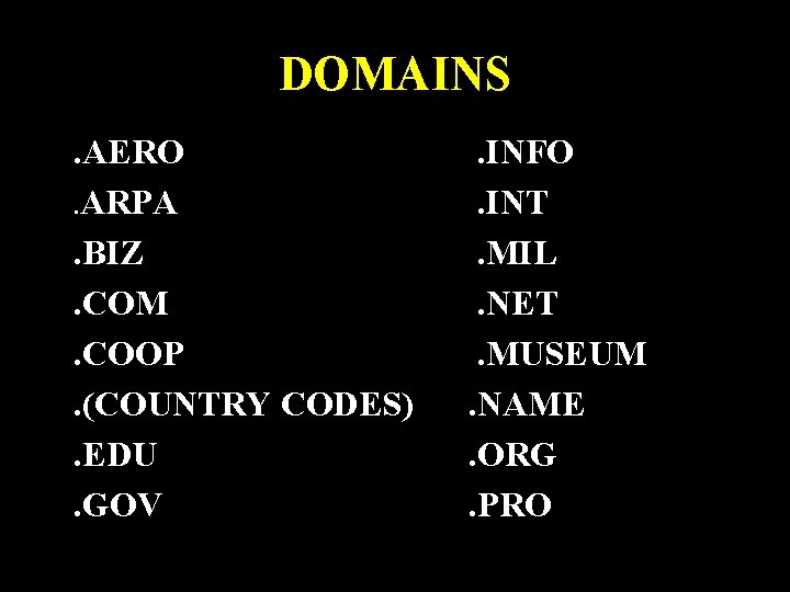 DOMAINS. AERO. ARPA. BIZ. COM. COOP. (COUNTRY CODES). EDU. GOV . INFO. INT. MIL.