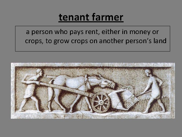 tenant farmer a person who pays rent, either in money or crops, to grow