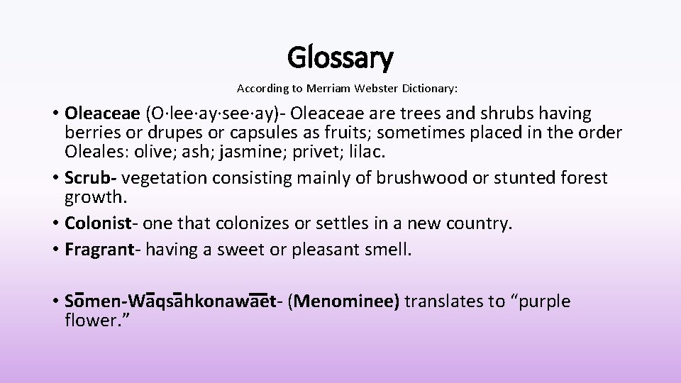 Glossary According to Merriam Webster Dictionary: • Oleaceae (O·lee·ay·see·ay)- Oleaceae are trees and shrubs