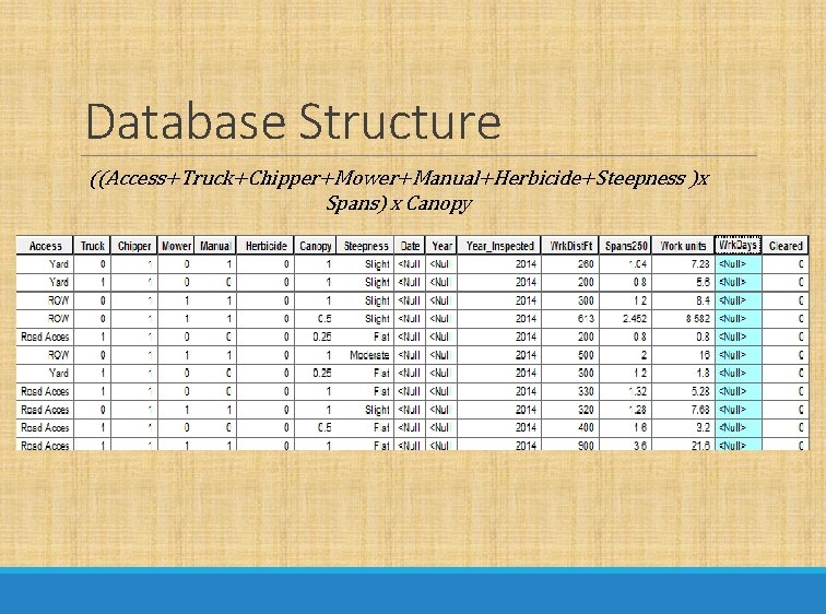 Database Structure ((Access+Truck+Chipper+Mower+Manual+Herbicide+Steepness )x Spans) x Canopy 
