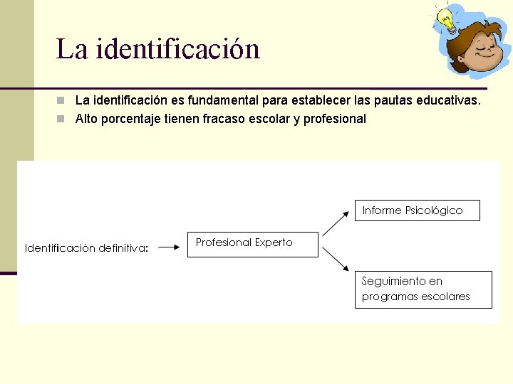 La identificación n La identificación es fundamental para establecer las pautas educativas. n Alto