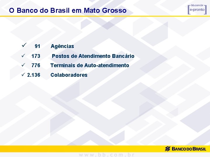 O Banco do Brasil em Mato Grosso ü 91 ü 173 Postos de Atendimento