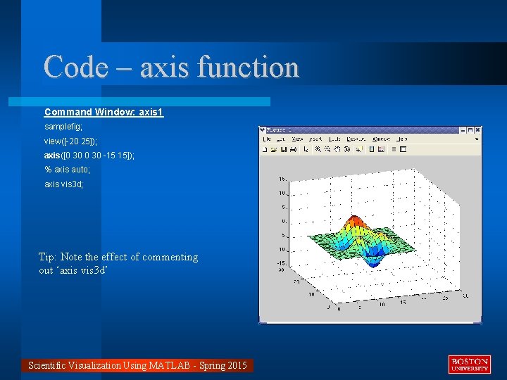 Code – axis function Command Window: axis 1 samplefig; view([-20 25]); axis([0 30 -15