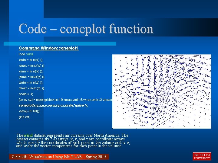 Code – coneplot function Command Window: coneplot 1 load wind; xmin = min(x(: ));