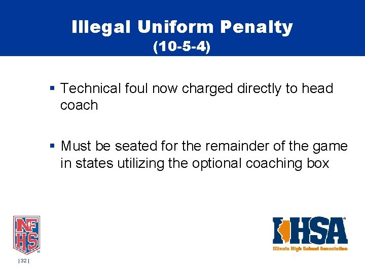 Illegal Uniform Penalty (10 -5 -4) § Technical foul now charged directly to head