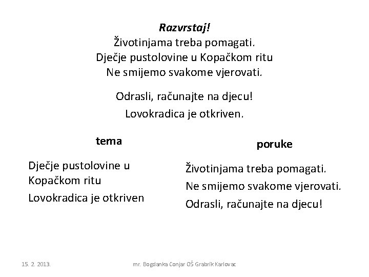 Razvrstaj! Životinjama treba pomagati. Dječje pustolovine u Kopačkom ritu Ne smijemo svakome vjerovati. Odrasli,