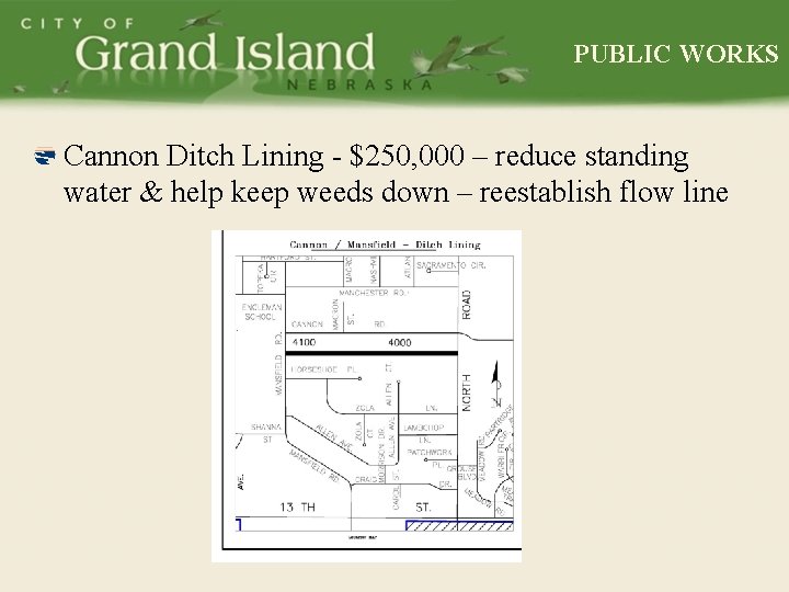 PUBLIC WORKS Cannon Ditch Lining - $250, 000 – reduce standing water & help