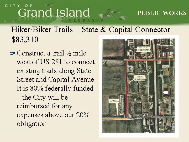 PUBLIC WORKS Hiker/Biker Trails – State & Capital Connector $83, 310 Construct a trail