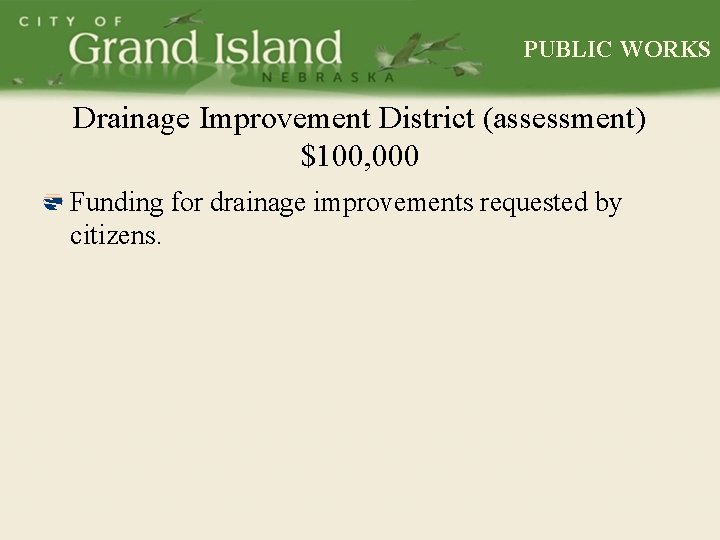 PUBLIC WORKS Drainage Improvement District (assessment) $100, 000 Funding for drainage improvements requested by
