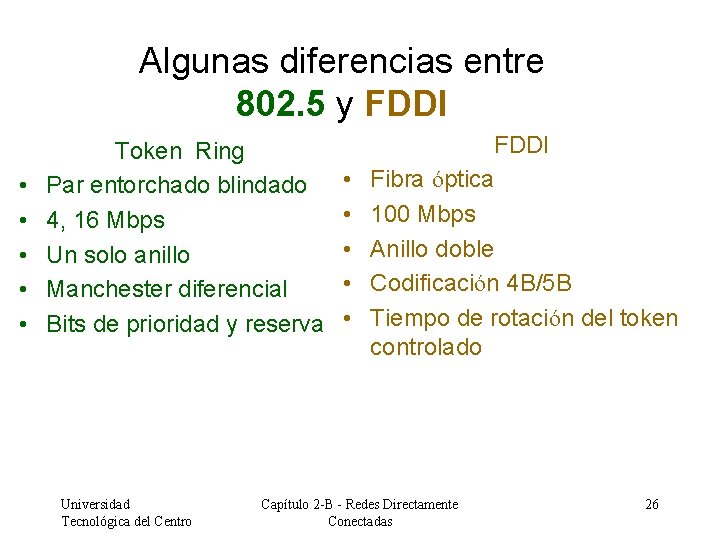 Algunas diferencias entre 802. 5 y FDDI • • • Token Ring Par entorchado