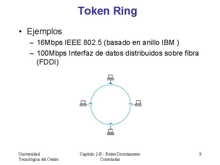 Token Ring • Ejemplos – 16 Mbps IEEE 802. 5 (basado en anillo IBM