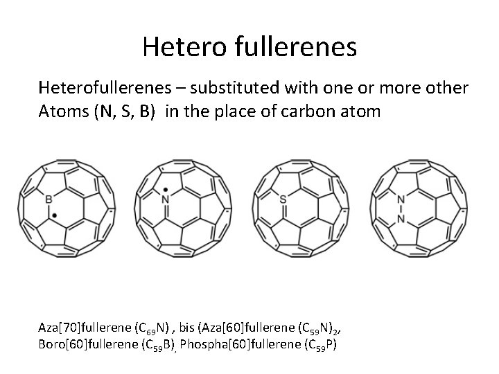 Hetero fullerenes Heterofullerenes – substituted with one or more other Atoms (N, S, B)