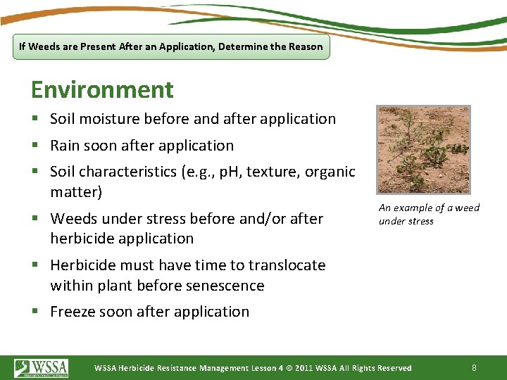 If Weeds are Present After an Application, Determine the Reason Environment § Soil moisture