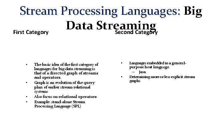 Stream Processing Languages: Big Data Streaming Second Category First Category • • Τhe basic