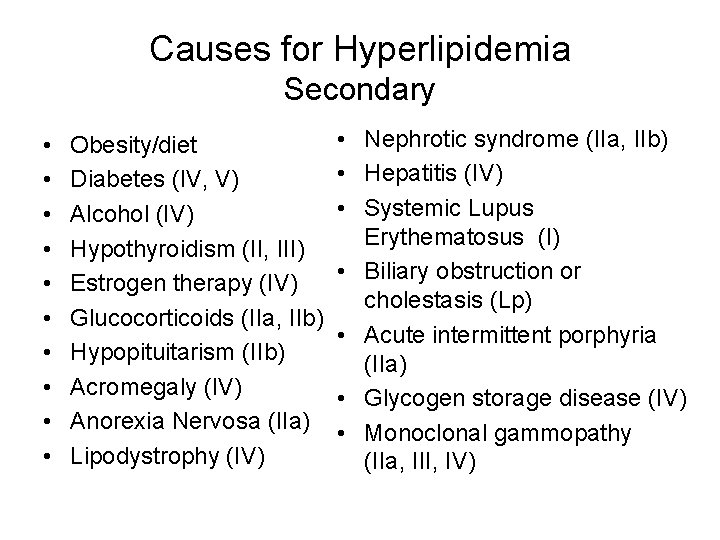 Causes for Hyperlipidemia Secondary • • • Obesity/diet Diabetes (IV, V) Alcohol (IV) Hypothyroidism