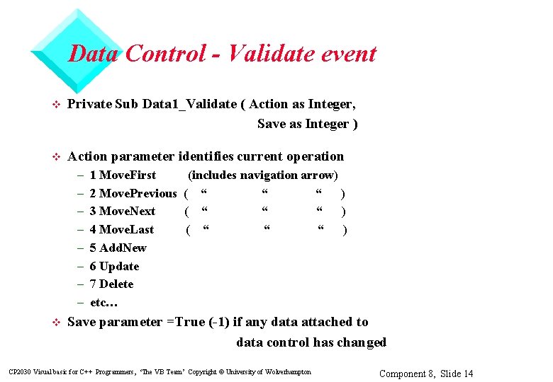 Data Control - Validate event v Private Sub Data 1_Validate ( Action as Integer,