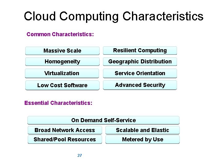 Cloud Computing Characteristics Common Characteristics: Massive Scale Resilient Computing Homogeneity Geographic Distribution Virtualization Service