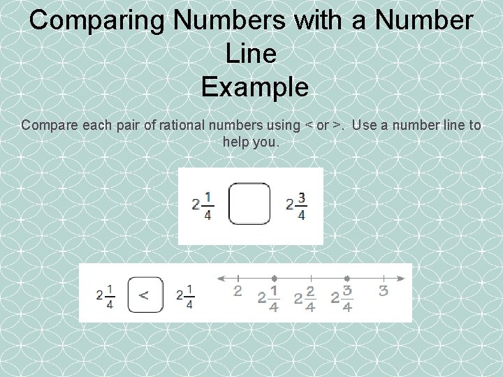 Comparing Numbers with a Number Line Example Compare each pair of rational numbers using