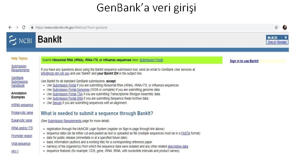 Gen. Bank’a veri girişi Gen. Bank’a veri girişi