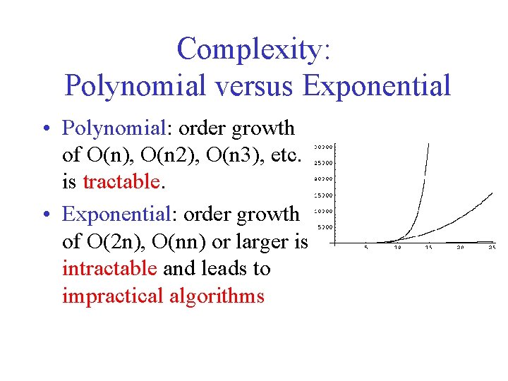 Complexity: Polynomial versus Exponential • Polynomial: order growth of O(n), O(n 2), O(n 3),