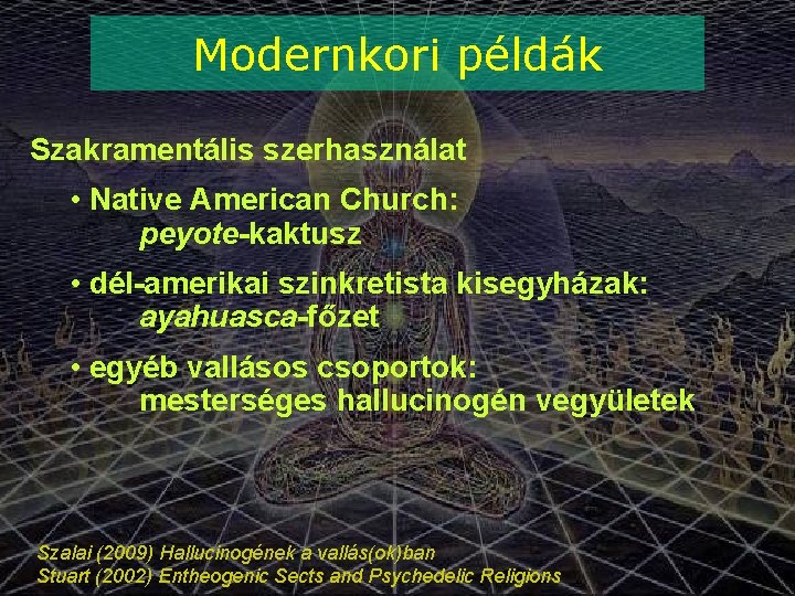Modernkori példák Szakramentális szerhasználat • Native American Church: peyote-kaktusz • dél-amerikai szinkretista kisegyházak: ayahuasca-főzet