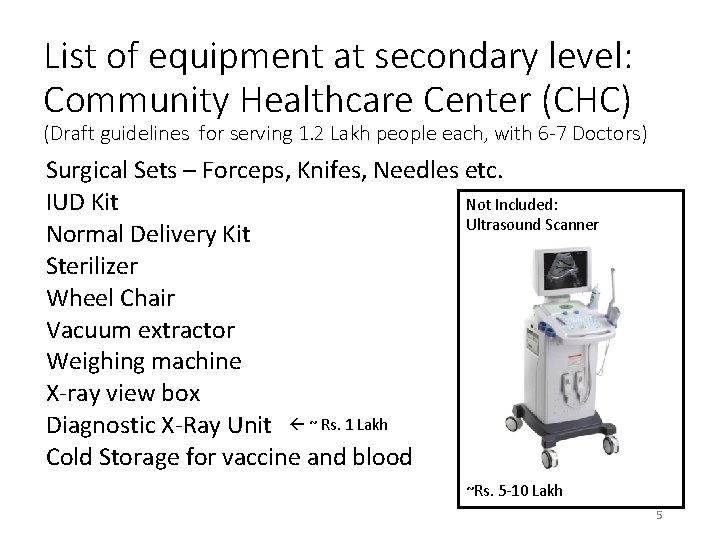 List of equipment at secondary level: Community Healthcare Center (CHC) (Draft guidelines for serving