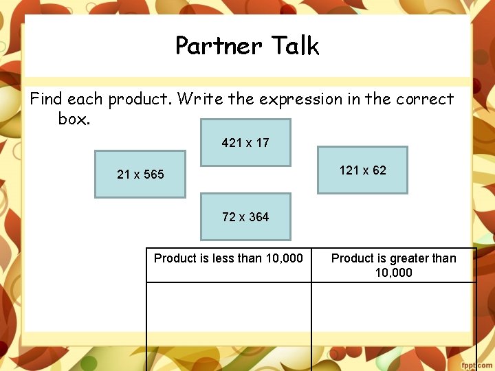 Partner Talk Find each product. Write the expression in the correct box. 421 x